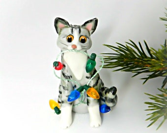 Silver Tabby Cat Christmas Ornament Figurine Lights Porcelain