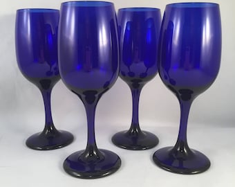 Beautiful Tall Cobalt Blue Wine Glasses Set of 4, Deep Blue Glassware, Barware, Stemware, Deep Blue Stemware Glasses, Cobalt Blue Glasses