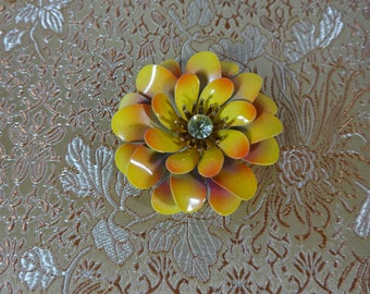 Beautiful enamel Coro signed flower, Orange and Yellow enamel flower brooch