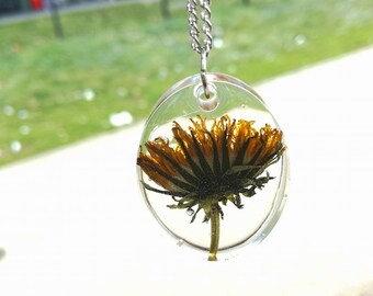 Dandelion Necklace, Real Flower Jewelry, Pressed Flower Jewelry, Crystal Resin Pendant Necklace, Vintage Flower Pendant, Botancial Jewelry