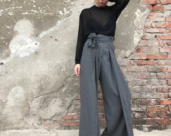 Palazzo Pants, High Waist Pants, Wide Leg Pants, Women Pants, Wool Pants, Gray Trousers, Extravagant Pants, Minimalist Pants, Winter Pants