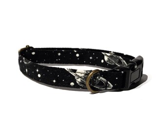 Galaxy Quest - Black Glow in the Dark Sci Fi Planets Stars Outer Space Organic Cotton CAT Collar - All Antique Metal Hardware
