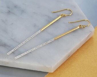 Long Earrings, Gemstone Drop Earrings, Long Gold Drop Earrings, Thin Earring, White Topaz Earrings, Statement Earrings, Modern Gold Earrings