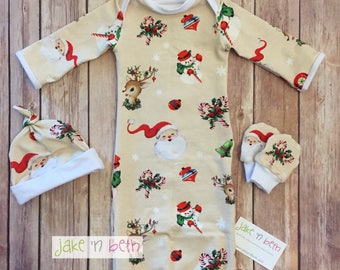 Christmas baby gown, knot hat, and no scratch mittens, newborn set, gender neutral