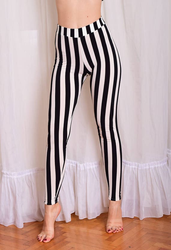 Striped Beetlejuice Leggings. Black and White Vertical Stripe