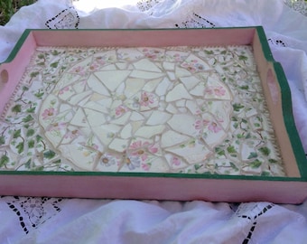 Vintage broken china MOSAIC FLORAL TRAY Shabby French Country Prairie Cottage Chic