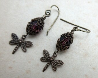 Dragonfly Dangle Earrings with Purple Swarovski Crystal and Antiqued Brass Filigree