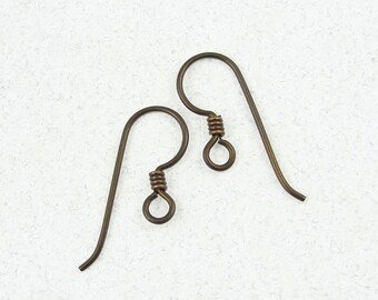 Niobium Earring Wires - Dark Brown Antique Brass Hypoallergenic Ear Findings - Bronze French Hook Wires with Coil (PH28)