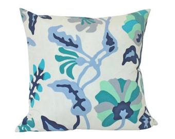 As seen in HGTV Magazine, Alan Campbell Potalla Outdoor Pillow Cover with Blue, Teal and Turquoise Quadrille Fabric