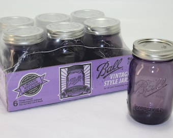 Wedding Mason Jar PURPLE Ball Vintage Style, Limited Edition Heritage Canning, 16 oz Pint Pack of 6