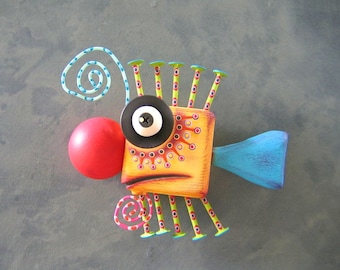 Clown Fish, MADE to ORDER, Fish Wall Art, Original Found Object Wall Sculpture, Wood Carving, Marine Art, by Fig Jam Studio
