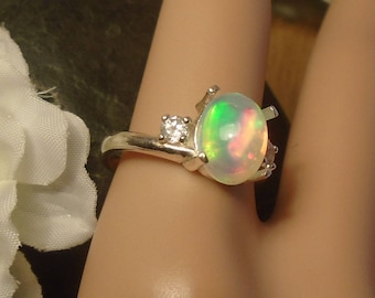 Clear Ethiopian Fire Opal 2 Birthstone Accent Gems Ring,Sterling Silver Ring, 1.77 Cts 10.20 x 8.30 mm Natural Welo Ethiopian Fire Opal