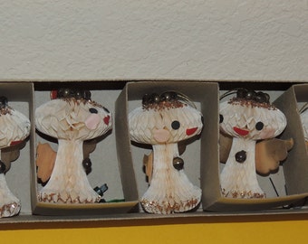 Five 1950s Japan Honey Comb Angel and Mercury Glass ornaments in Original box