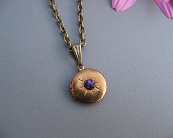 Sale - Vintage Locket Necklace, Antique Brass, Amethyst Jewel, Locket Necklace, 16-18 inches, Timeless Jewelry by Art Inspired Gifts
