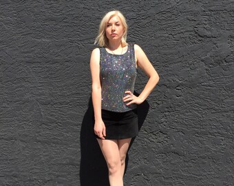 Vintage 90's Black and Silver Glitter Tank Top | Metallic | Slinky | Disco | Festival | Fun