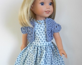 Sleeveless Cotton 14.5" Doll Dress in Blue Print and Matching Blue Crocheted Bolero Handmade to fit Wellie Wishers & Similar Dolls