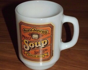 Vintage Aunt Jenny's Mug O' Soup Milk Glass Mug ~ Anchor Hocking