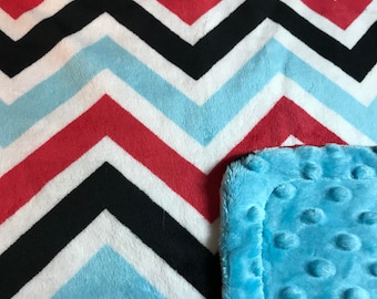 Minky Blanket Red, Black, and Turquoise Chevron Minky with Turquoise Dimple Dot Minky Backing - Perfect Size a Toddler or Child
