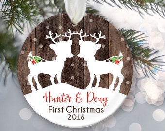 TWIN Babies First Christmas Ornament, Personalized Christmas Ornaments, Fawns Ornament, Two kids Deer Ornament, Rustic faux fake wood OR364