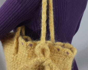 C106 yellow crocheted felted wool purse with adjustable straps