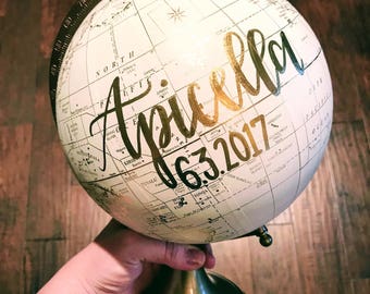 Customize Me! Wedding Guestbook Globe, Custom globe, calligraphy globe, hand lettered globe, white and gold globe, alt guestbook (8in.)
