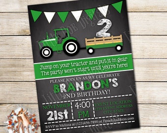 Personalized Tractor Birthday Party Invitation - Digital File or Printed Copies - Printable - Invitation - Invite 5x7 or 4x6 - Green White