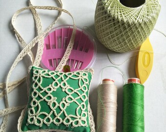Handmade Green Pincushion with Tatted Mortif and Lace