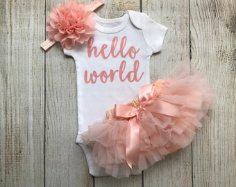 Baby Girl Coming Home Outfit - Hello World Outfit in Peach - Hello World - Tutu Bloomers - Newborn Photos