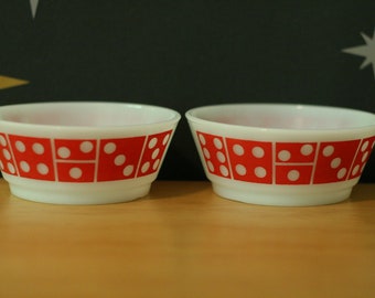 Two Fire-King Anchor Hocking Bowls / Red Domino / Milk Glass / Cereal / Salad / Set / Vintage