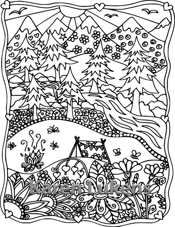 Happyville Camping 1 Adult Coloring Book Page Printable