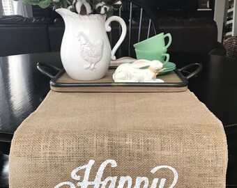 Happy Easter Table Runner, Burlap Table Runner, Easter/Spring Table Runner,