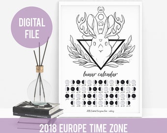 2018 PRINTABLE Lunar Calendar / Moon Phases Calendar - Europe