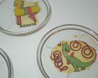 Rare 1920s glass coasters, Hoop-A-Doo and Piddler the Horse, Vintage, Five