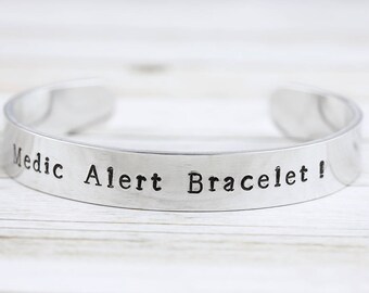 Medical alert bracelet, medic alert, ID bracelet, customized bangle, silver cuff bangle, diabetes bracelet, allergy bracelet, medical ID
