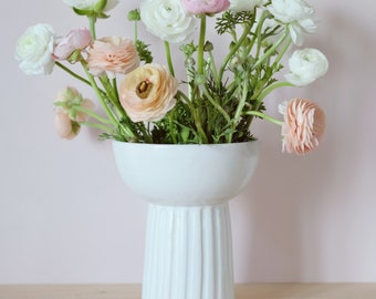 Handmade White Ceramic Bowl Vase - Hand carved - Simple Flower Vase