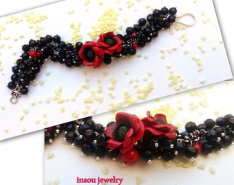 Flower Bracelet Poppy Bracelet Black Bracelet Flower Jewelry Poppy Jewelry Red Black Handmade Bracelet Romantic Jewelry Gift Polymer