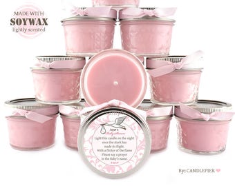 Set of 12 pink stork baby shower favors, 4 oz personalized soy candles, gender reveal party favors, stork themed baby shower decoration