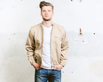 Men's Cotton Bomber Jacket . Beige Vintage Spring Jacket 80s Jacket Outerwear Flight Aviator Jacket Minimalist . size Large L