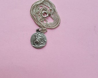 Religious antique French silvered catholic medal pendant Holy charm with chain of Saint George with dragon, St Joris met draak.