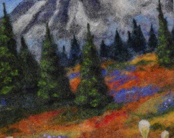 Needle Felted Landscape - Wool Landscape Art - Mountain - Flowers - Felted picture - wool painting