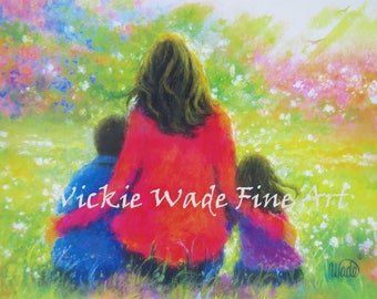 Mother Son & Daughter Art Print, garden mother, Mother's day gift, boy and girl, painting, wall art, brother and sister, Vickie Wade art