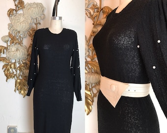 RESERVED 1980s dress sweater dress knit dress size medium black dress beaded dress button back dress puff sleeves dress vintage dress
