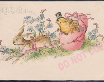 Antique original Victorian 1900 German postcard Humanized easter Bunny Rabbit Egg Chick post card litho