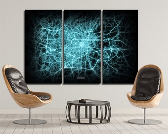 GREENSBORO Map 3 Canvas Panel Greensboro North Carolina Night Lights Modul Map Oversized Horizontal Wall Art Map Modern Art Neon City Map
