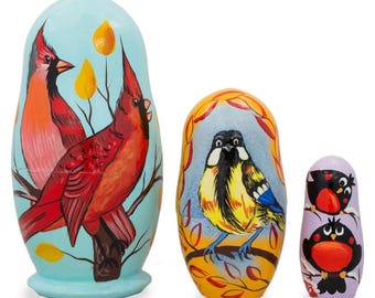 4.25" Set of 3 Birds- Cardinals & Finches Wooden Nesting Dolls