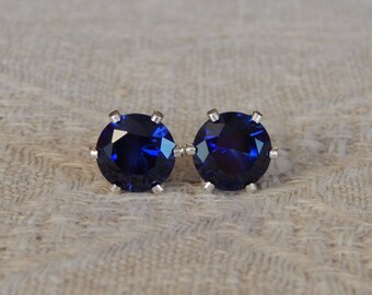 Sapphire 7mm Studs, Sapphire Sterling Silver Stud Earrings, Blue Sapphire Post Earrings, September Birthstone, Lab Created Sapphire