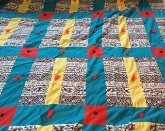 King Quilted Bedspread/ Turquoise/ Red / Yellow