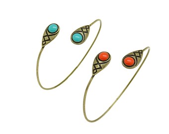 Bronze bangle bracelet with enamel: blue or orangey red ; malleable and adjustable