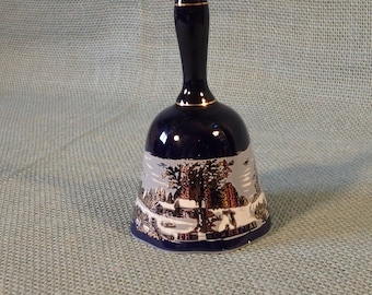 Currier and Ives Bell ~ The Homestead in Winter ~ Cobalt Blue