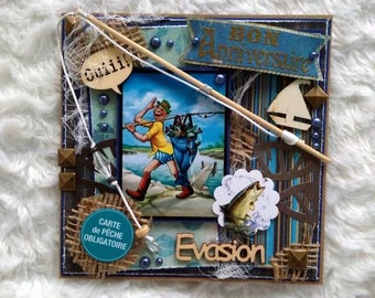 Carte anniversaire homme, fait-main, 3D, shabby, vintage, thème pêcheur, format chevalet
